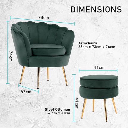 Armchair Lounge Chair Accent Velvet Shell Scallop + Ottoman Footstool Round GREEN.