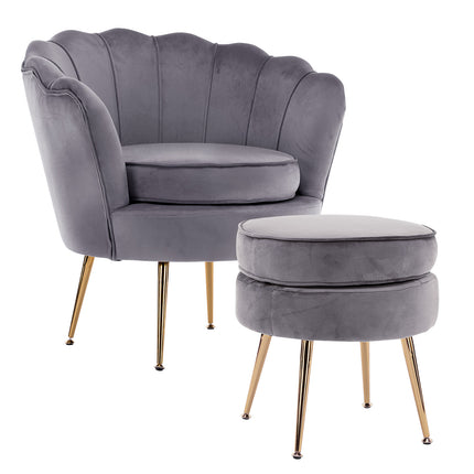Armchair Lounge Chair Accent Velvet Shell Scallop + Ottoman Footstool Round GREY.