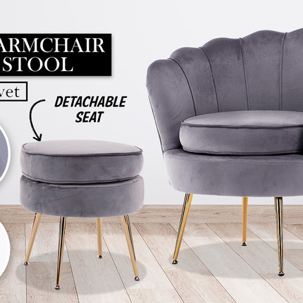Armchair Lounge Chair Accent Velvet Shell Scallop + Ottoman Footstool Round GREY.