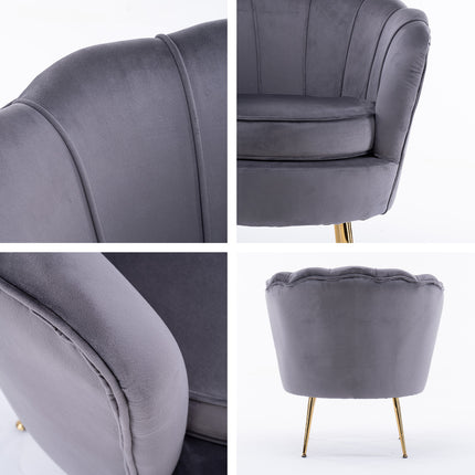 Armchair Lounge Chair Accent Velvet Shell Scallop + Ottoman Footstool Round GREY.
