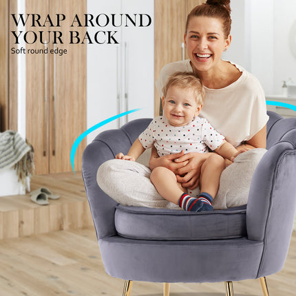 Armchair Lounge Chair Accent Velvet Shell Scallop + Ottoman Footstool Round GREY.