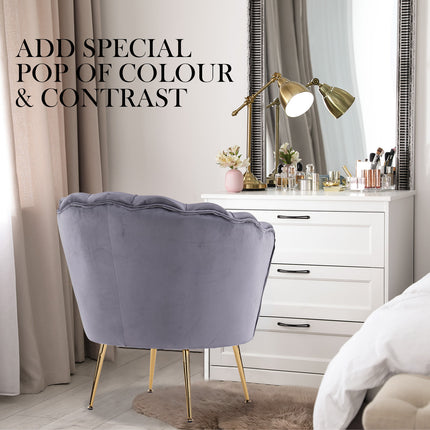Armchair Lounge Chair Accent Velvet Shell Scallop + Ottoman Footstool Round GREY.