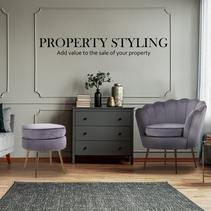 Armchair Lounge Chair Accent Velvet Shell Scallop + Ottoman Footstool Round GREY.