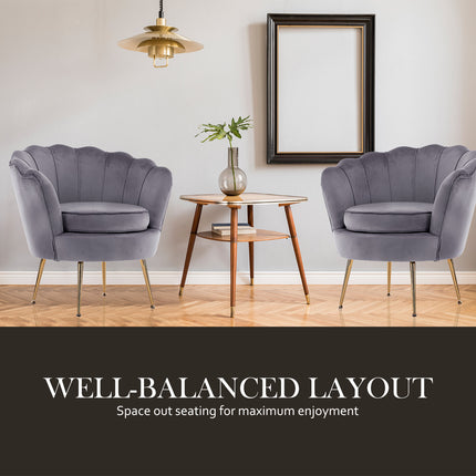Armchair Lounge Chair Accent Velvet Shell Scallop + Ottoman Footstool Round GREY.