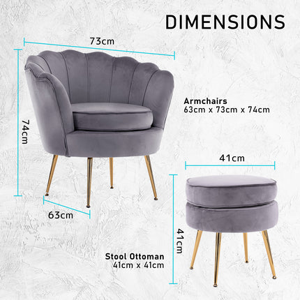 Armchair Lounge Chair Accent Velvet Shell Scallop + Ottoman Footstool Round GREY.