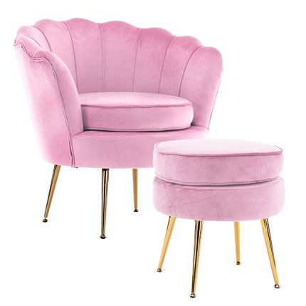 Armchair Lounge Chair Accent Velvet Shell Scallop + Round Ottoman Footstool PINK.