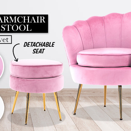 Armchair Lounge Chair Accent Velvet Shell Scallop + Round Ottoman Footstool PINK.