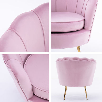 Armchair Lounge Chair Accent Velvet Shell Scallop + Round Ottoman Footstool PINK.
