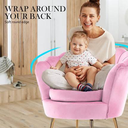 Armchair Lounge Chair Accent Velvet Shell Scallop + Round Ottoman Footstool PINK.