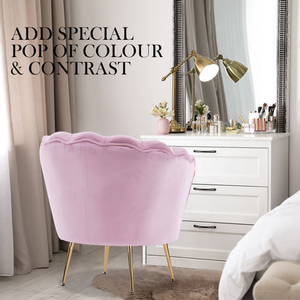 Armchair Lounge Chair Accent Velvet Shell Scallop + Round Ottoman Footstool PINK.