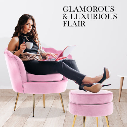 Armchair Lounge Chair Accent Velvet Shell Scallop + Round Ottoman Footstool PINK.
