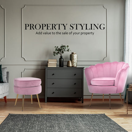 Armchair Lounge Chair Accent Velvet Shell Scallop + Round Ottoman Footstool PINK.