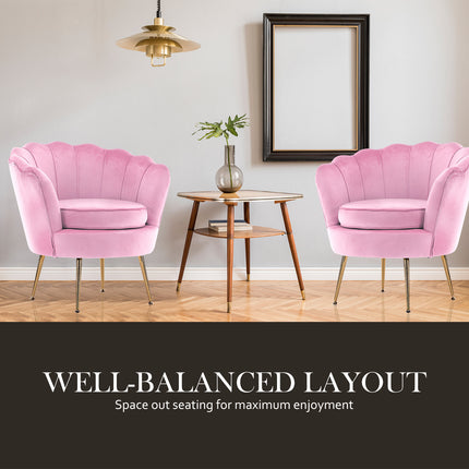 Armchair Lounge Chair Accent Velvet Shell Scallop + Round Ottoman Footstool PINK.