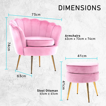 Armchair Lounge Chair Accent Velvet Shell Scallop + Round Ottoman Footstool PINK.