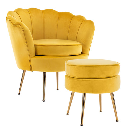 Armchair Lounge Chair Accent Velvet Shell Scallop + Round Ottoman Footstool YELLOW.