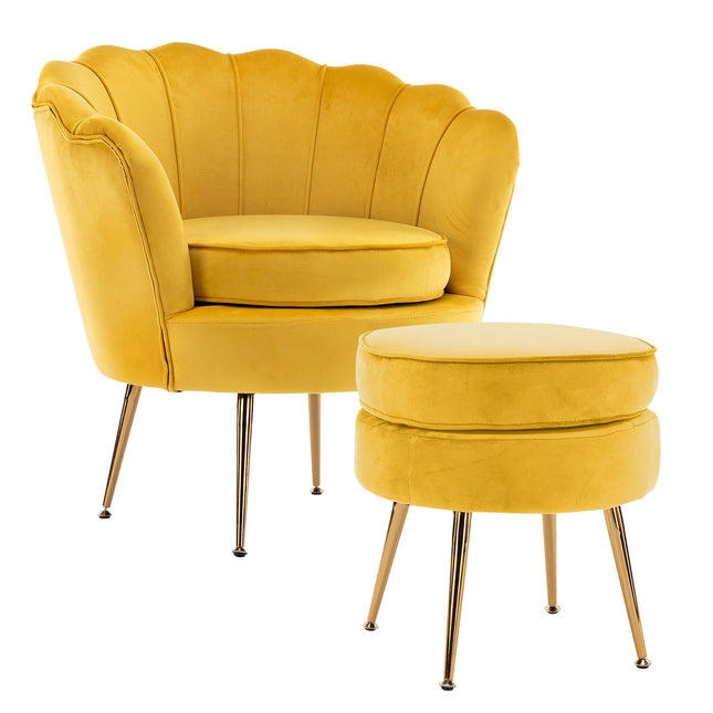 Armchair Lounge Chair Accent Velvet Shell Scallop + Round Ottoman Footstool YELLOW.