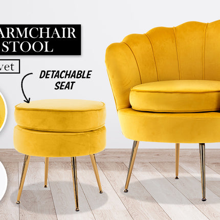 Armchair Lounge Chair Accent Velvet Shell Scallop + Round Ottoman Footstool YELLOW.