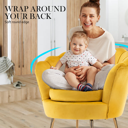 Armchair Lounge Chair Accent Velvet Shell Scallop + Round Ottoman Footstool YELLOW.
