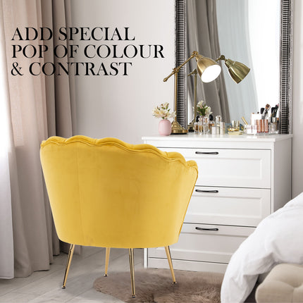 Armchair Lounge Chair Accent Velvet Shell Scallop + Round Ottoman Footstool YELLOW.