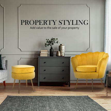 Armchair Lounge Chair Accent Velvet Shell Scallop + Round Ottoman Footstool YELLOW.