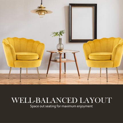 Armchair Lounge Chair Accent Velvet Shell Scallop + Round Ottoman Footstool YELLOW.