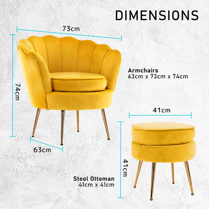 Armchair Lounge Chair Accent Velvet Shell Scallop + Round Ottoman Footstool YELLOW.