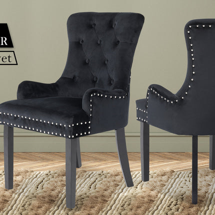 French Provincial Dining Chair Ring Studded Velvet Rubberwood Leg LISSE BLACK.