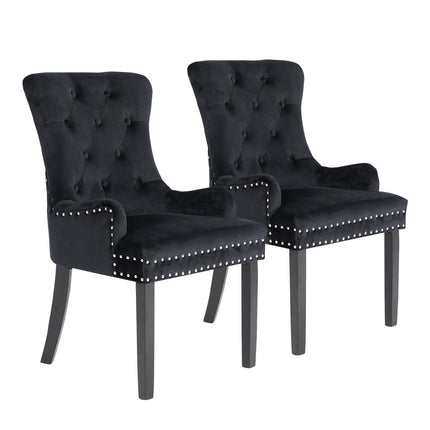 2X French Provincial Dining Chair Ring Studded Velvet Rubberwood Leg LISSE BLACK.