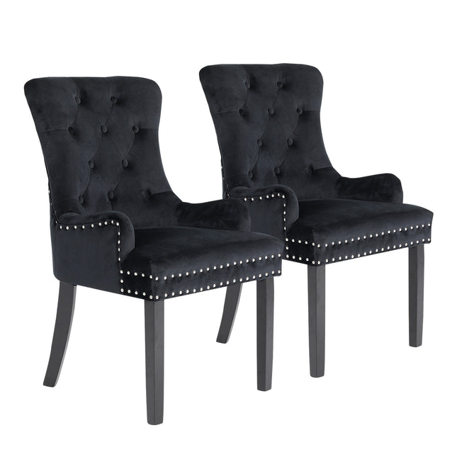 2X French Provincial Dining Chair Ring Studded Velvet Rubberwood Leg LISSE BLACK.