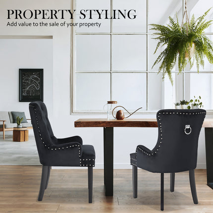 2X French Provincial Dining Chair Ring Studded Velvet Rubberwood Leg LISSE BLACK.