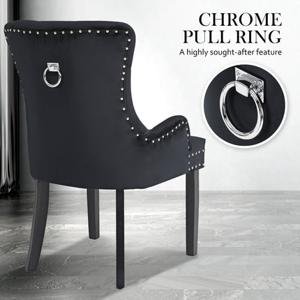 2X French Provincial Dining Chair Ring Studded Velvet Rubberwood Leg LISSE BLACK.