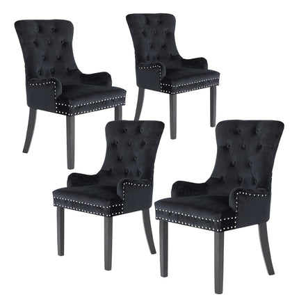 4X French Provincial Dining Chair Ring Studded Velvet Rubberwood Leg LISSE BLACK.