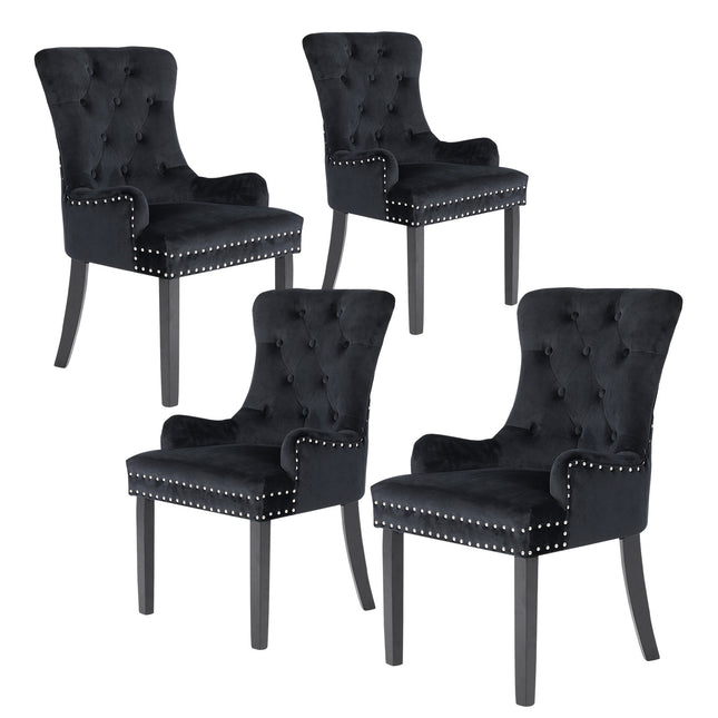 4X French Provincial Dining Chair Ring Studded Velvet Rubberwood Leg LISSE BLACK.