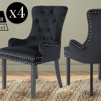 4X French Provincial Dining Chair Ring Studded Velvet Rubberwood Leg LISSE BLACK.