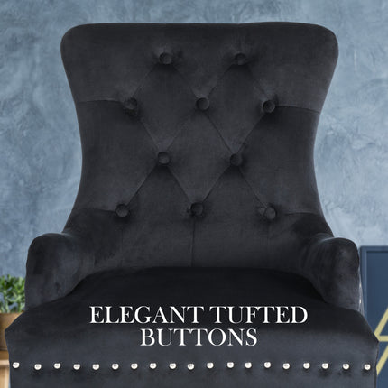 4X French Provincial Dining Chair Ring Studded Velvet Rubberwood Leg LISSE BLACK.