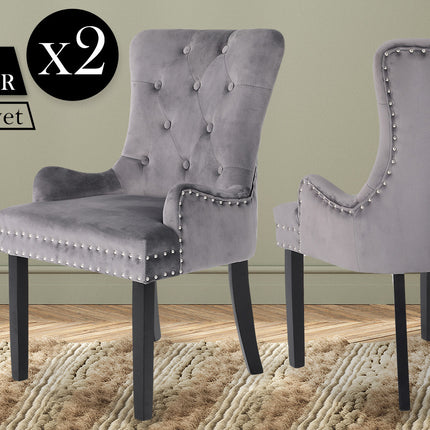 2X French Provincial Dining Chair Ring Studded Velvet Rubberwood Leg LISSE GREY.