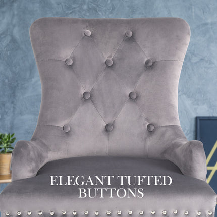2X French Provincial Dining Chair Ring Studded Velvet Rubberwood Leg LISSE GREY.