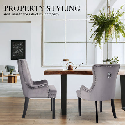 2X French Provincial Dining Chair Ring Studded Velvet Rubberwood Leg LISSE GREY.