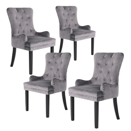 4X French Provincial Dining Chair Ring Studded Velvet Rubberwood Leg LISSE GREY.