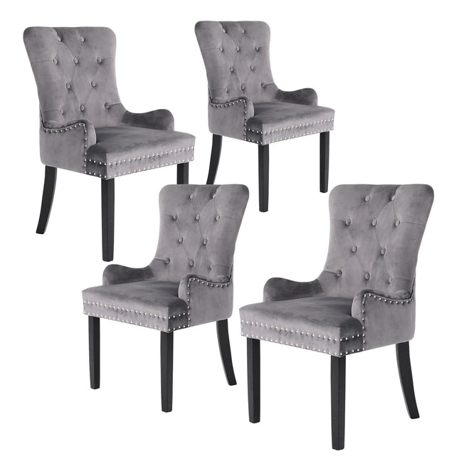 4X French Provincial Dining Chair Ring Studded Velvet Rubberwood Leg LISSE GREY.