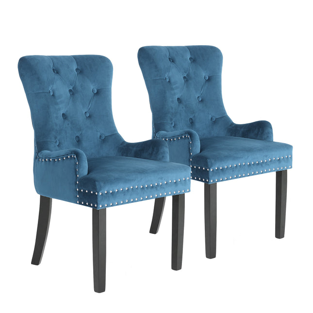 2X French Provincial Dining Chair Ring Studded Velvet Rubberwood Leg LISSE NAVY BLUE.