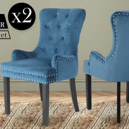 2X French Provincial Dining Chair Ring Studded Velvet Rubberwood Leg LISSE NAVY BLUE.
