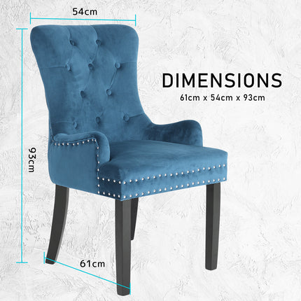 2X French Provincial Dining Chair Ring Studded Velvet Rubberwood Leg LISSE NAVY BLUE.