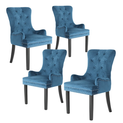 4X French Provincial Dining Chair Ring Studded Velvet Rubberwood Leg LISSE NAVY BLUE.