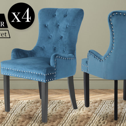 4X French Provincial Dining Chair Ring Studded Velvet Rubberwood Leg LISSE NAVY BLUE.