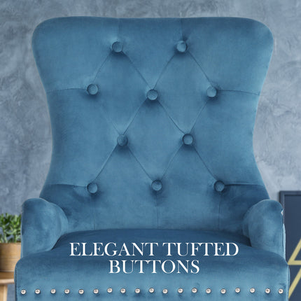 4X French Provincial Dining Chair Ring Studded Velvet Rubberwood Leg LISSE NAVY BLUE.