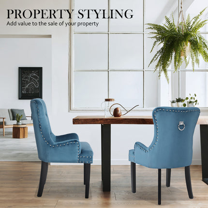 4X French Provincial Dining Chair Ring Studded Velvet Rubberwood Leg LISSE NAVY BLUE.