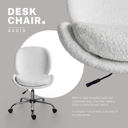 Office Desk Chair - Teddy Boucle Armless Swivel Study Seat OVOID WHITE.