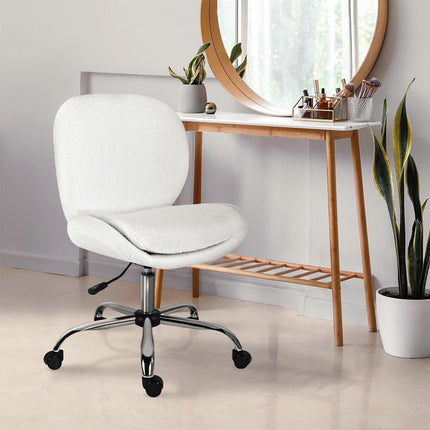 Office Desk Chair - Teddy Boucle Armless Swivel Study Seat OVOID WHITE.