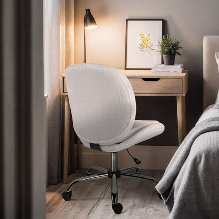 Office Desk Chair - Teddy Boucle Armless Swivel Study Seat OVOID WHITE.